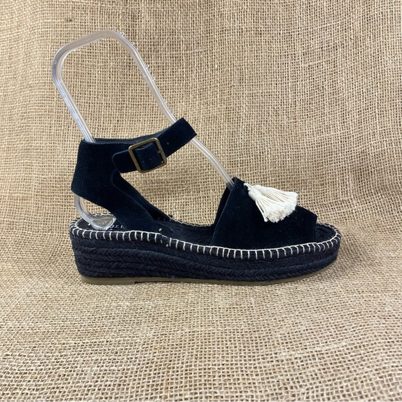 Espadrilles Soludos Platform Sandals Black Suede Tassels White Wedge Size 10 - Picture 5 of 14